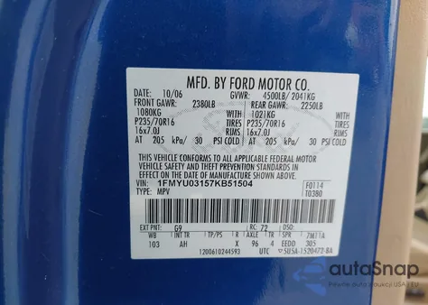 2007 Ford Escape Xlt/Xlt Sport из США, поврежденный, VIN 1FMYU03157KB51504